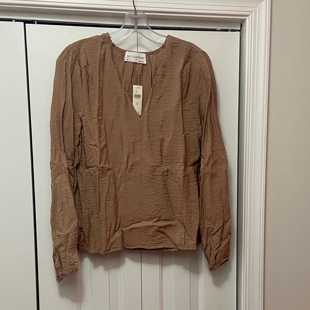 Self Contrast by Anthropologie Tan V-Neck Blouse